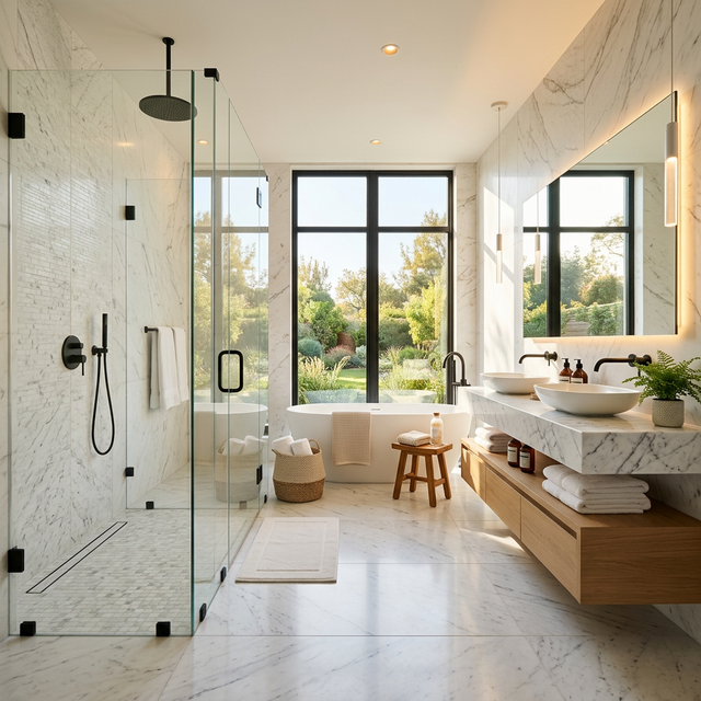Bagno di lusso con box doccia in vetro